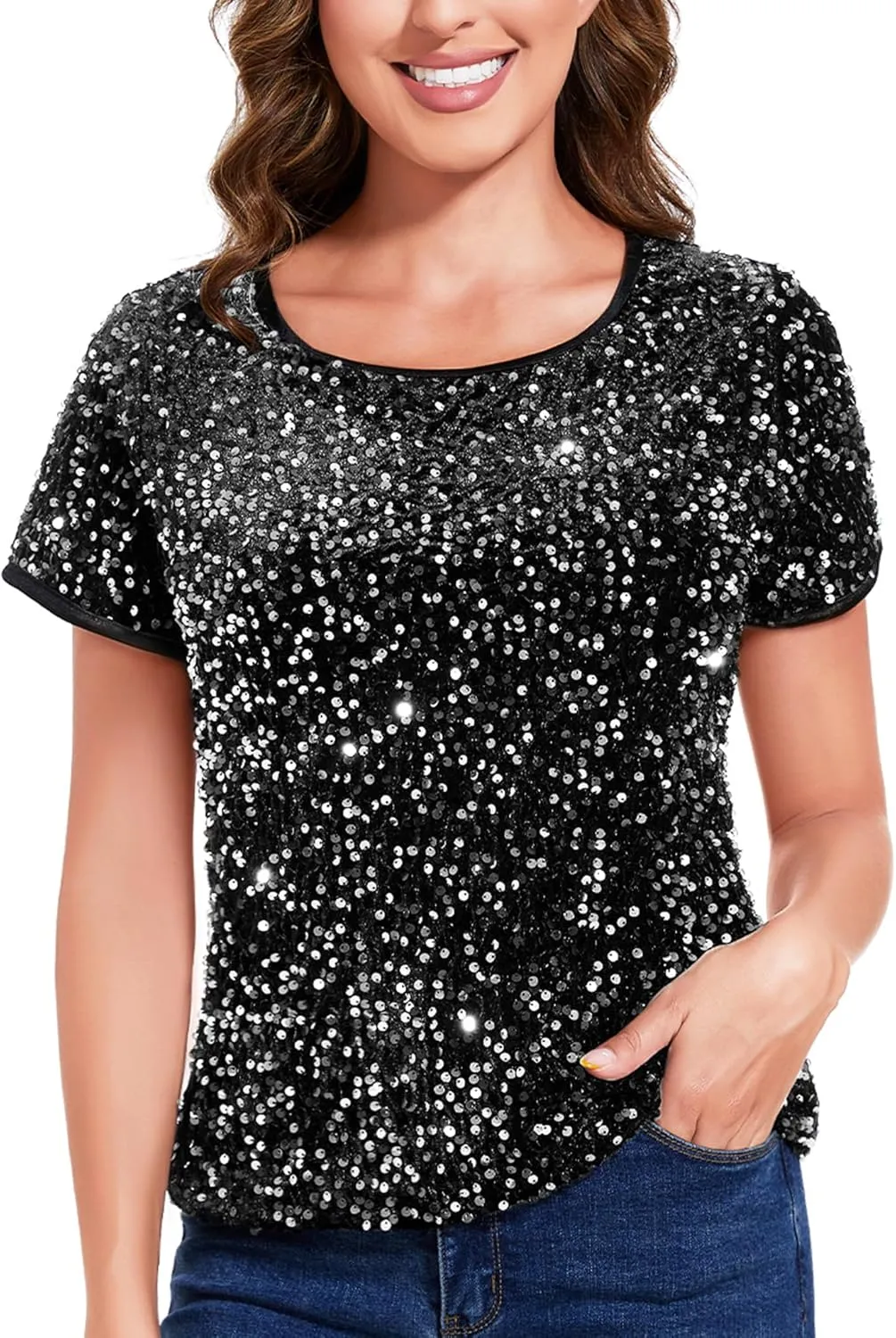 Anna-Kaci Women's Sparkly Sequin Velvet Tops Short Sleeve Crew Neck Shirt Party Club Blouse
