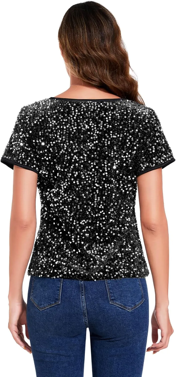 Anna-Kaci Women's Sparkly Sequin Velvet Tops Short Sleeve Crew Neck Shirt Party Club Blouse