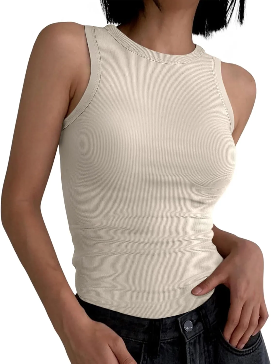 ANRABESS Womens Sleeveless High Neck Tank Tops Fashion Summer Casual Basic Slim Fit Ribbed Racerback Top Shirt Clothes