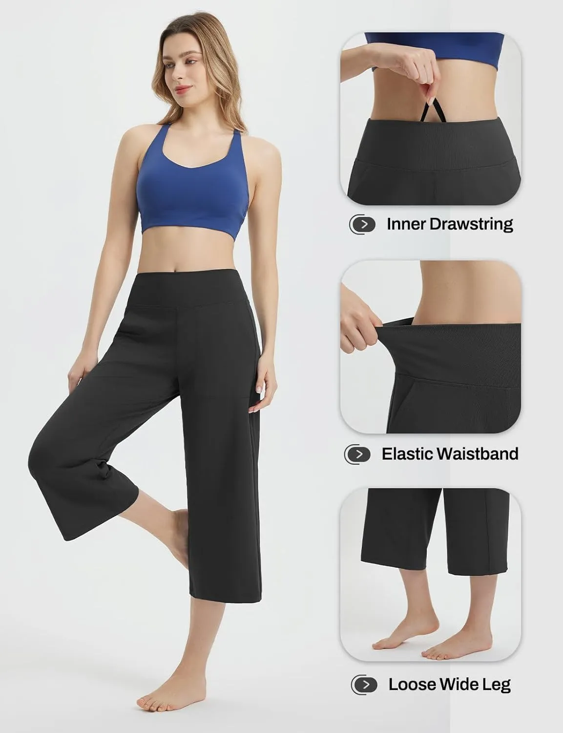 baleaf Women's Capri Pants Wide Leg Yoga Dress Capris High Waist Cropped Pants with Pockets Loose Lounge Travel Summer