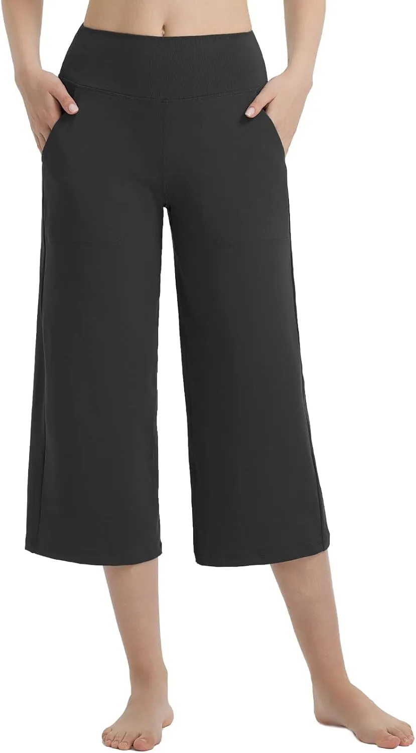 baleaf Women's Capri Pants Wide Leg Yoga Dress Capris High Waist Cropped Pants with Pockets Loose Lounge Travel Summer