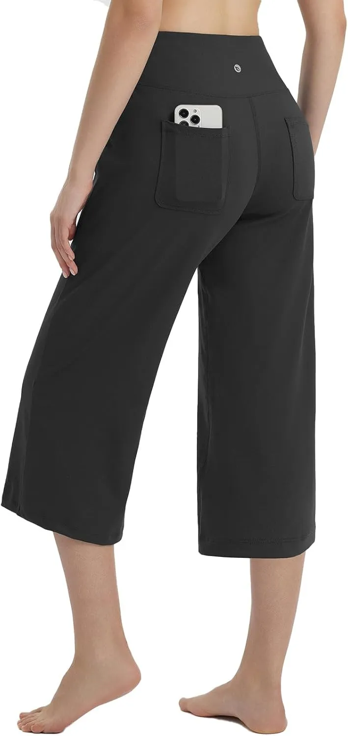 baleaf Women's Capri Pants Wide Leg Yoga Dress Capris High Waist Cropped Pants with Pockets Loose Lounge Travel Summer