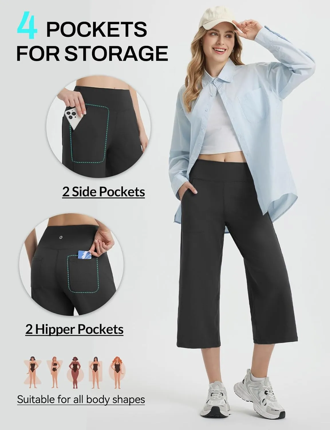 baleaf Women's Capri Pants Wide Leg Yoga Dress Capris High Waist Cropped Pants with Pockets Loose Lounge Travel Summer