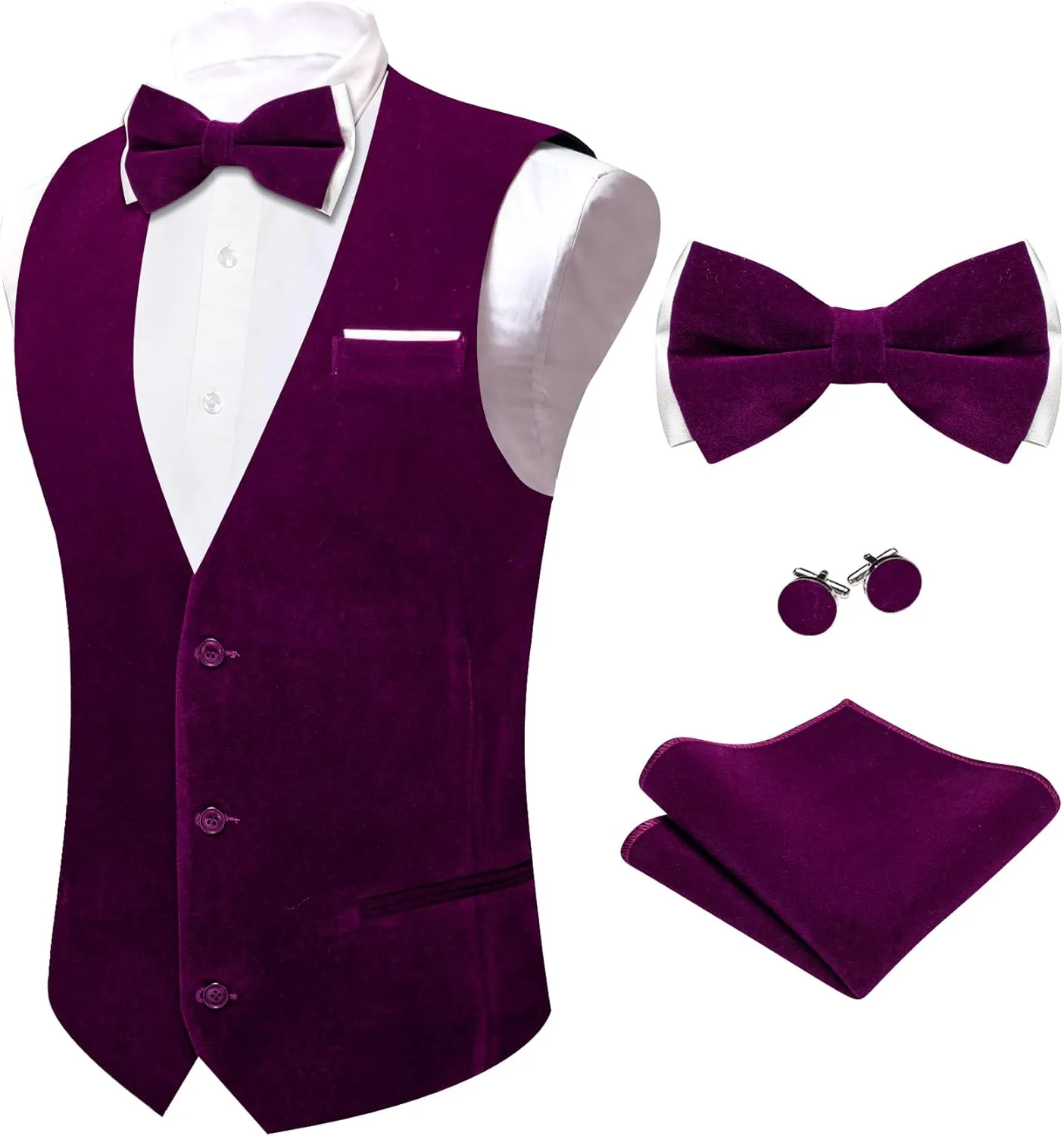 Barry.Wang Men's Velvet Vests Formal Waistcoat Bowtie Set Hanky Cufflink Armband Wedding Party Tuxedo Vest 6PCS