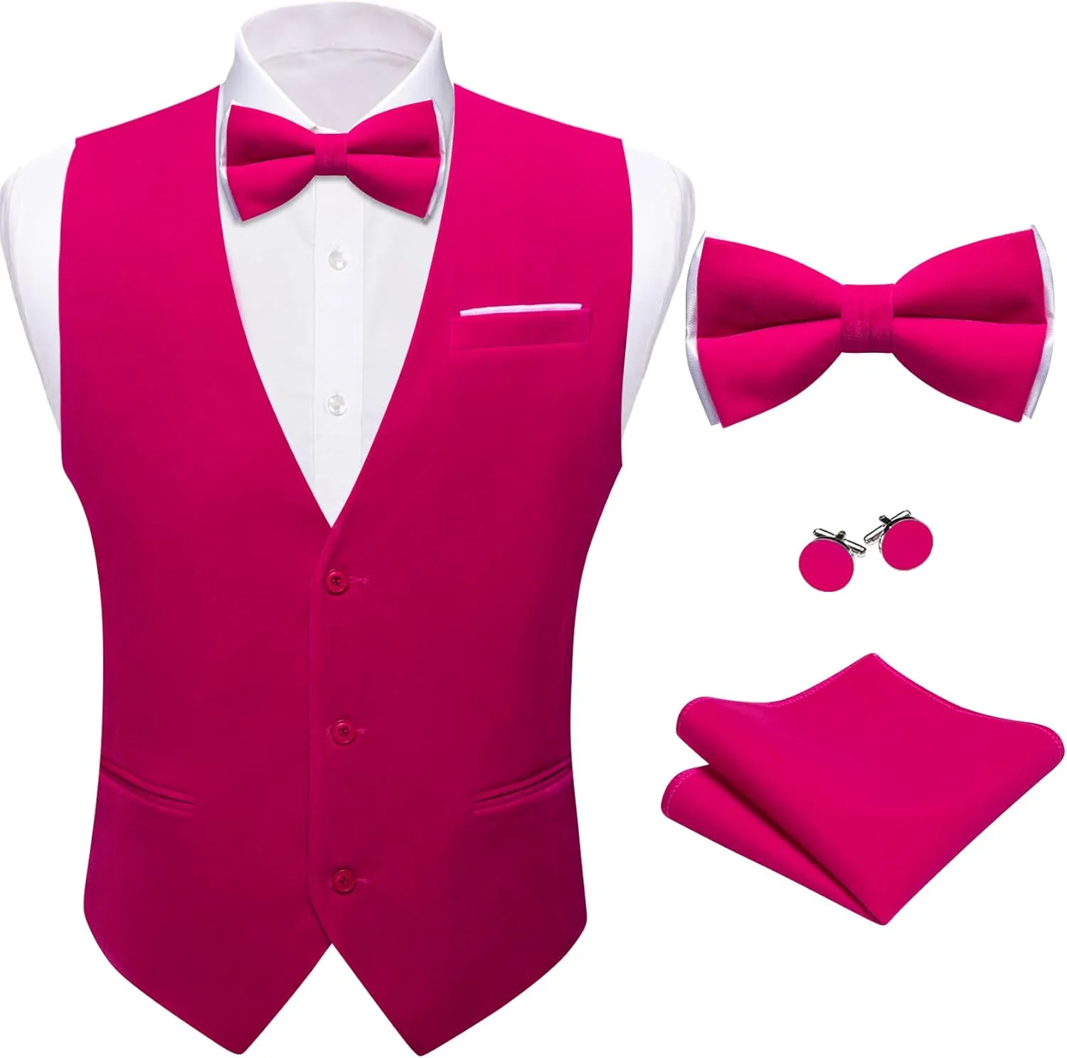 Barry.Wang Men's Velvet Vests Formal Waistcoat Bowtie Set Hanky Cufflink Armband Wedding Party Tuxedo Vest 6PCS