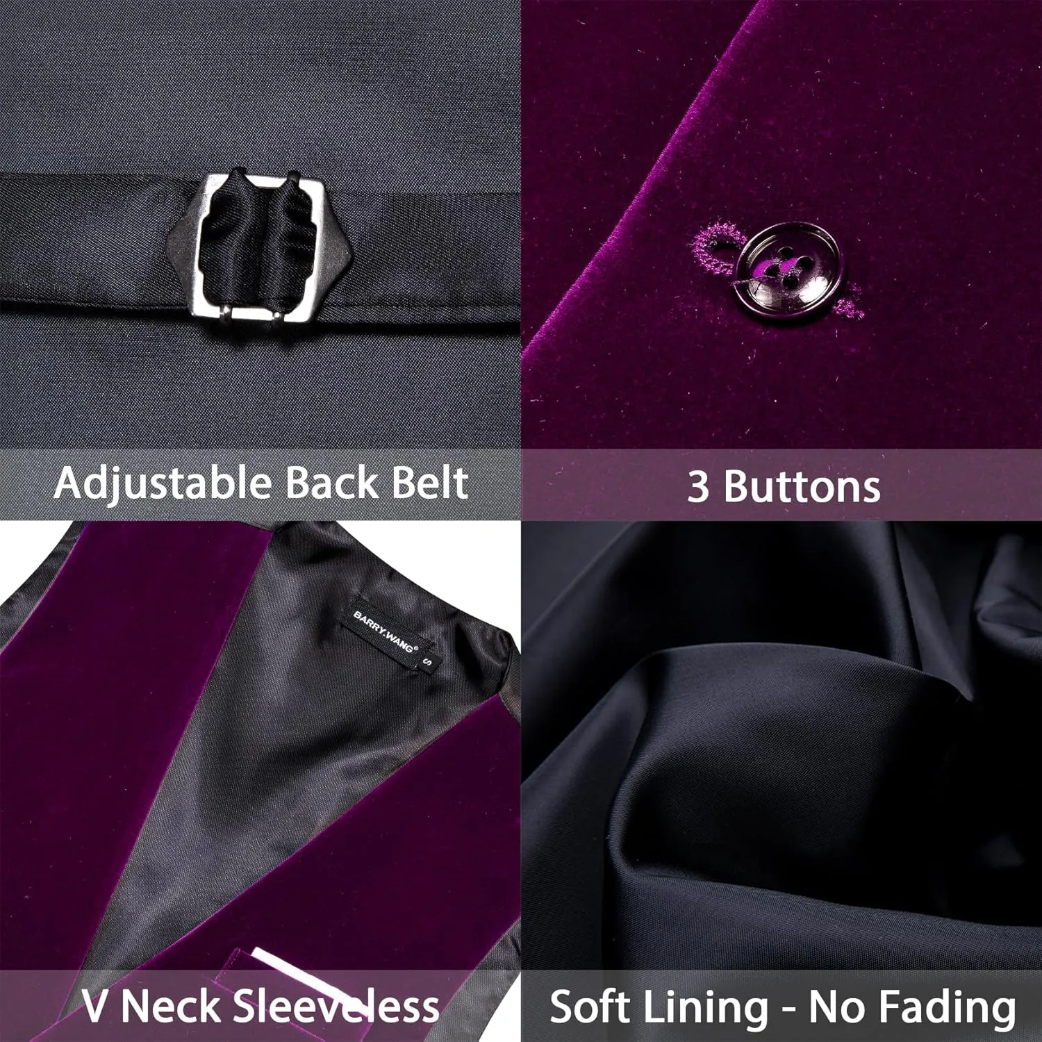 Barry.Wang Men's Velvet Vests Formal Waistcoat Bowtie Set Hanky Cufflink Armband Wedding Party Tuxedo Vest 6PCS