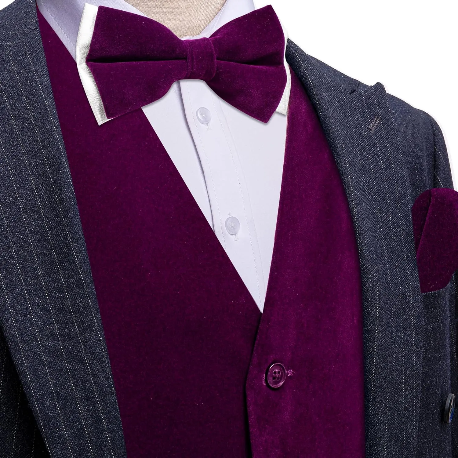 Barry.Wang Men's Velvet Vests Formal Waistcoat Bowtie Set Hanky Cufflink Armband Wedding Party Tuxedo Vest 6PCS