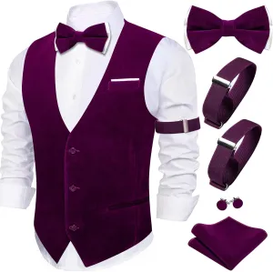 Barry.Wang Men's Velvet Vests Formal Waistcoat Bowtie Set Hanky Cufflink Armband Wedding Party Tuxedo Vest 6PCS