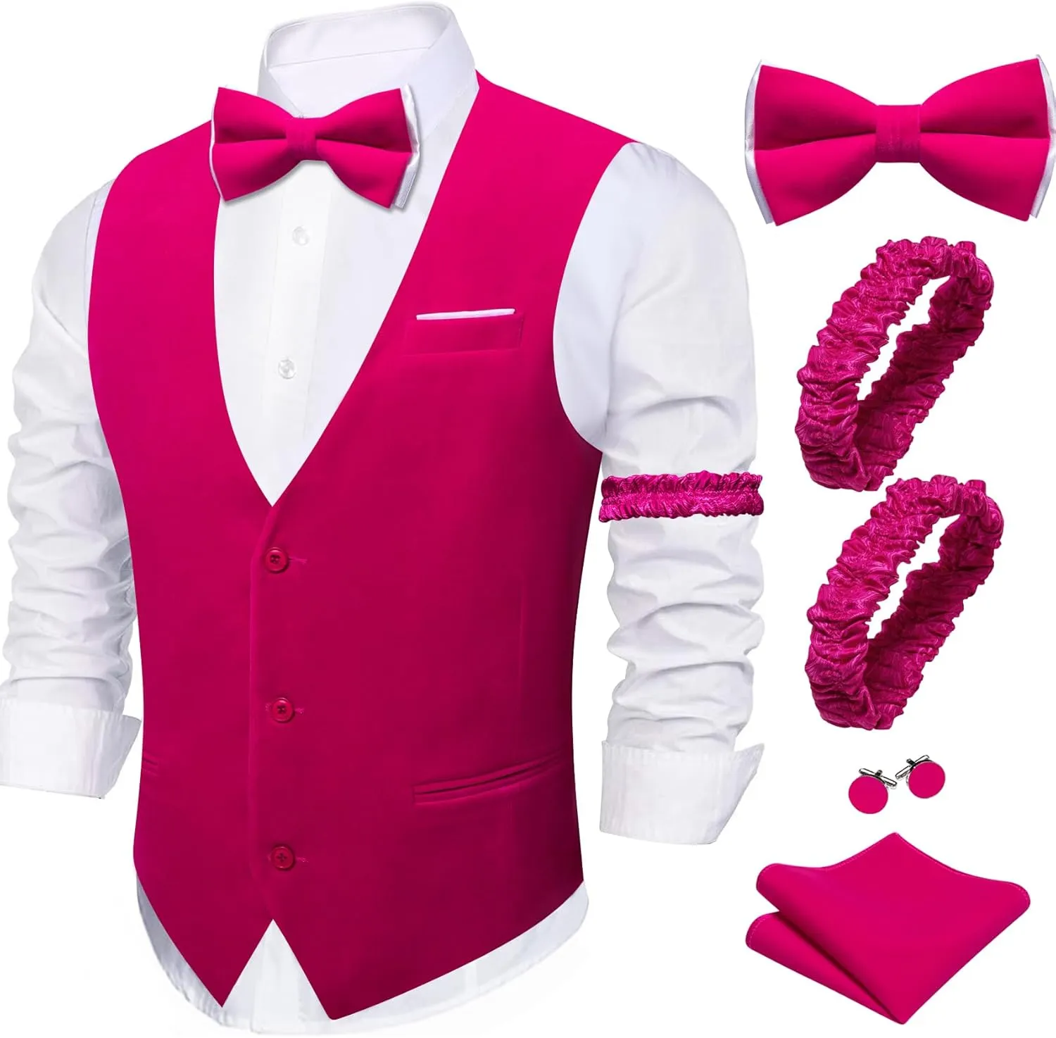 Barry.Wang Men's Velvet Vests Formal Waistcoat Bowtie Set Hanky Cufflink Armband Wedding Party Tuxedo Vest 6PCS