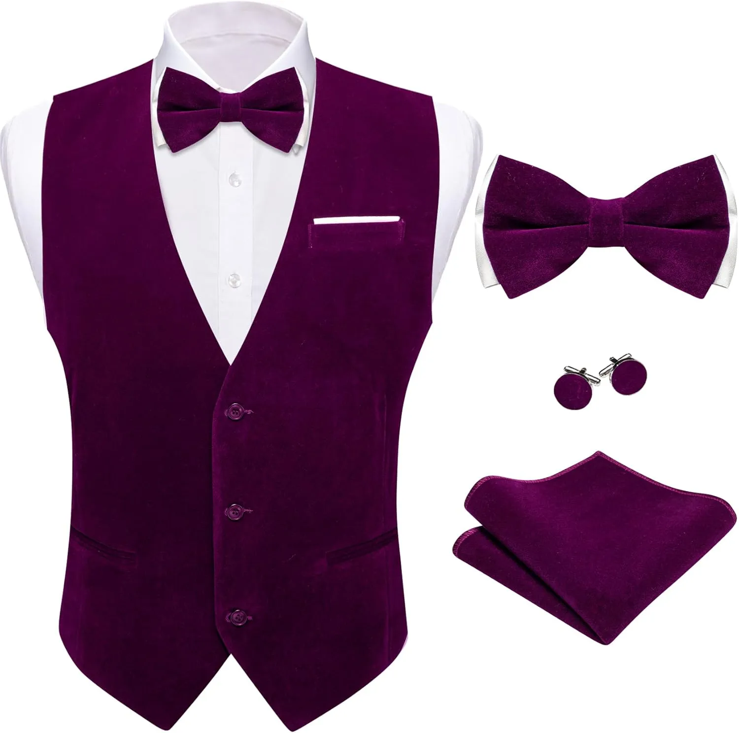 Barry.Wang Men's Velvet Vests Formal Waistcoat Bowtie Set Hanky Cufflink Armband Wedding Party Tuxedo Vest 6PCS