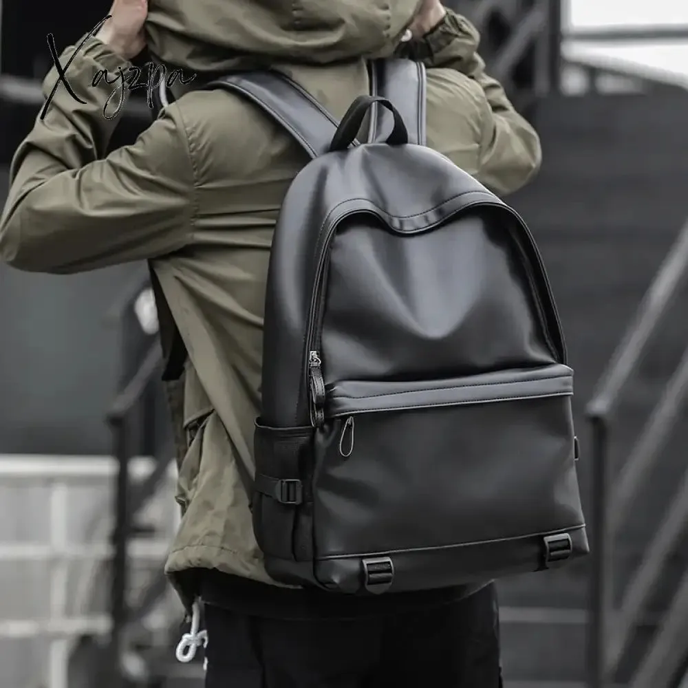 Black Leather Backpack for Men Business Travel Waterproof Daypack PU 16 inch Laptop Backpack