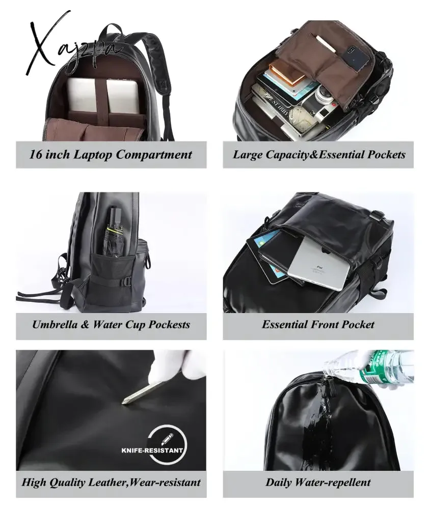 Black Leather Backpack for Men Business Travel Waterproof Daypack PU 16 inch Laptop Backpack
