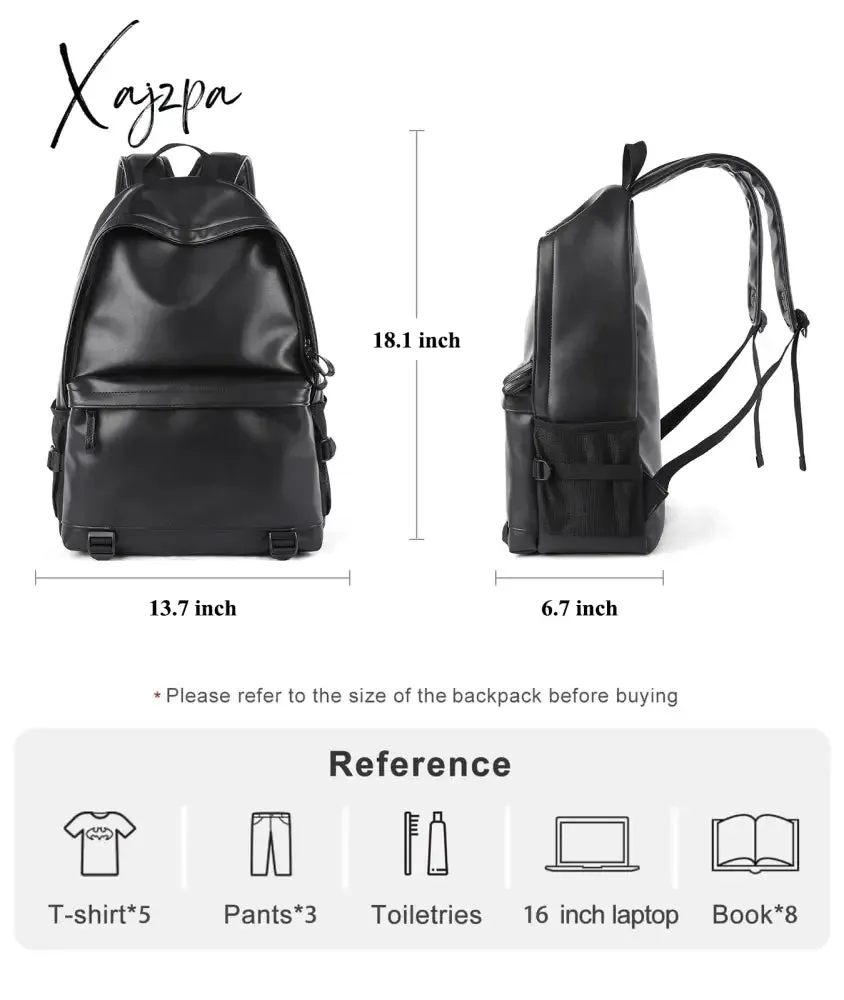Black Leather Backpack for Men Business Travel Waterproof Daypack PU 16 inch Laptop Backpack