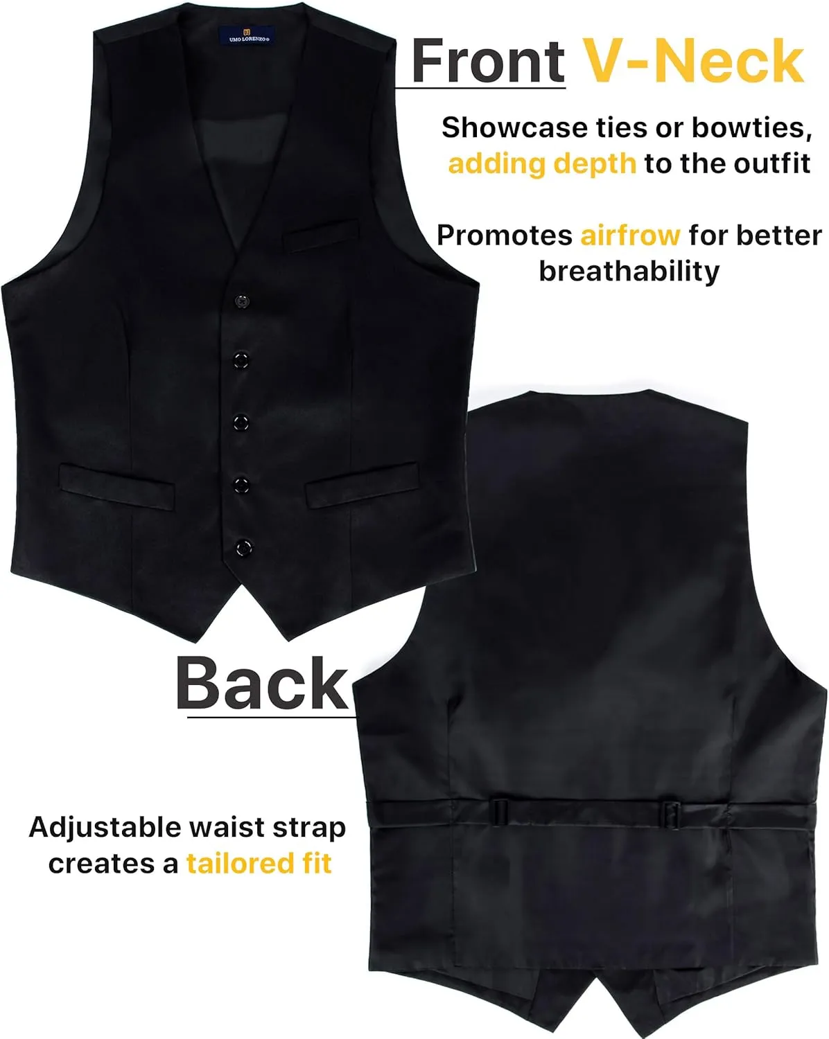 boxed-gifts Umo Lorenzo Black Formal Suit Vest for Men - Elegant Button Up Vest with Adjustable Waist Band
