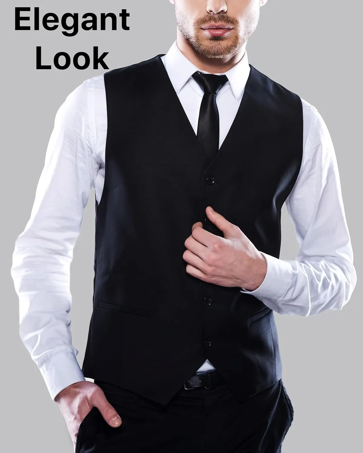 boxed-gifts Umo Lorenzo Black Formal Suit Vest for Men - Elegant Button Up Vest with Adjustable Waist Band