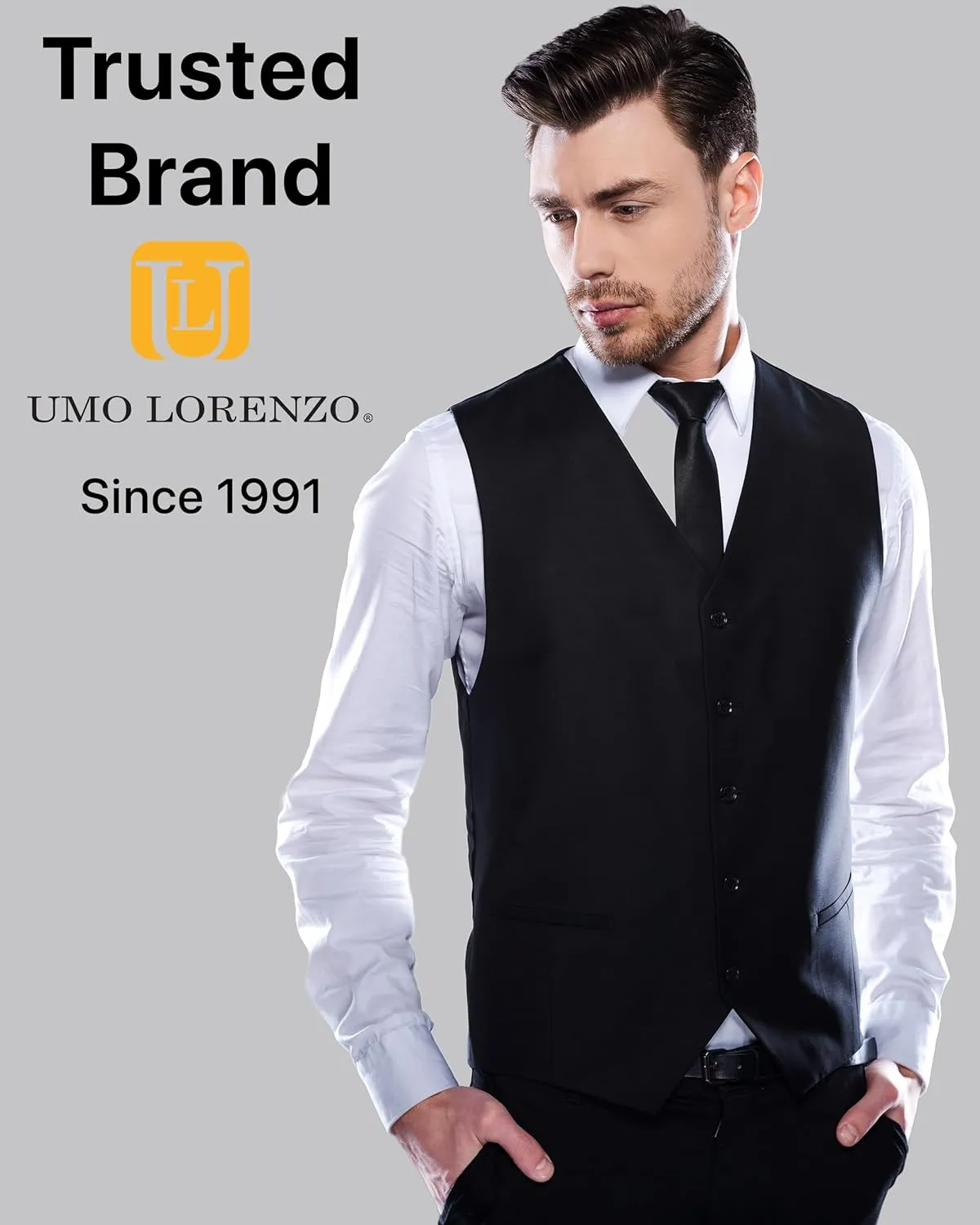 boxed-gifts Umo Lorenzo Black Formal Suit Vest for Men - Elegant Button Up Vest with Adjustable Waist Band