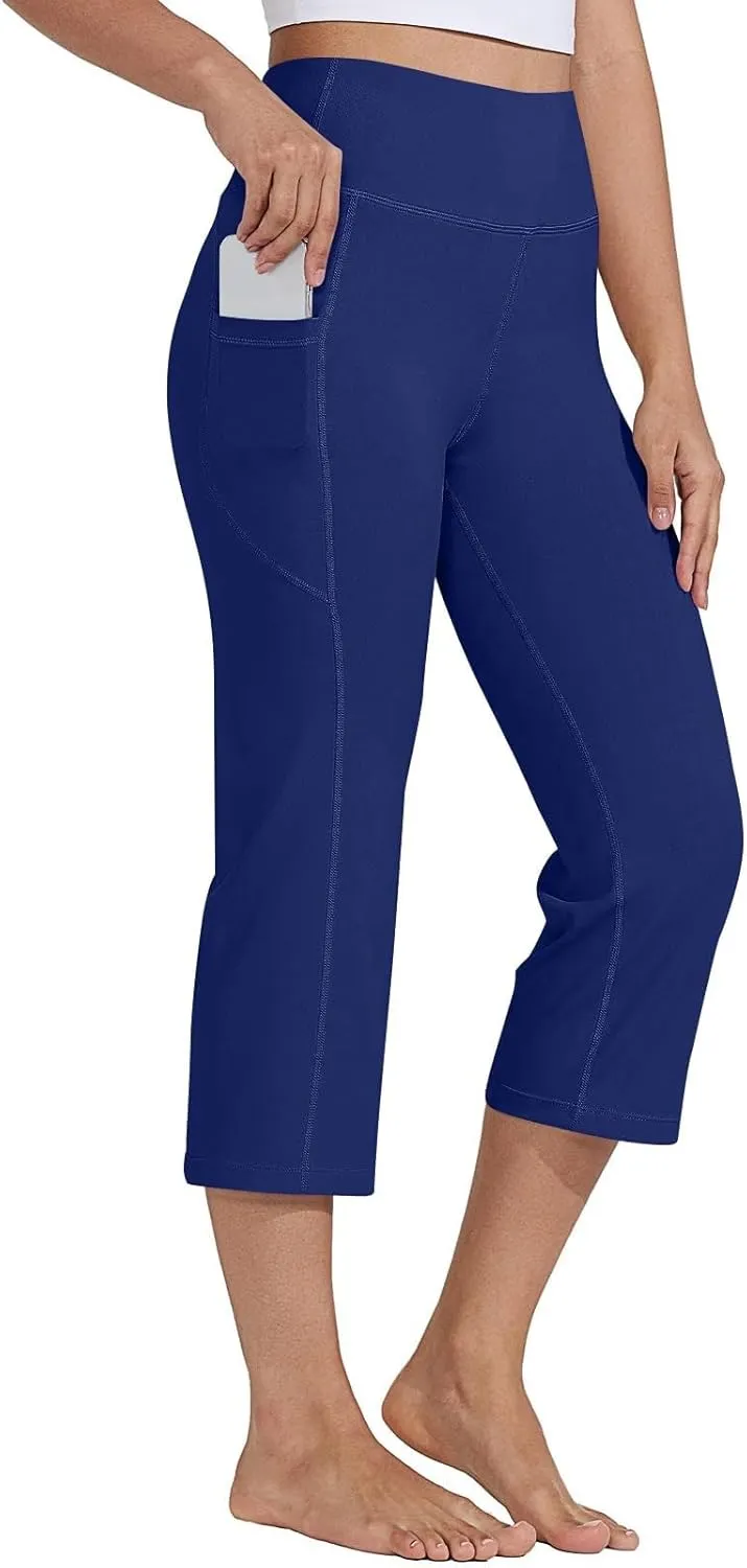 Capri Pants for Women High Waist Workout Yoga Pants with Pockets Tummy Control Crop Athletic Straight Trousers