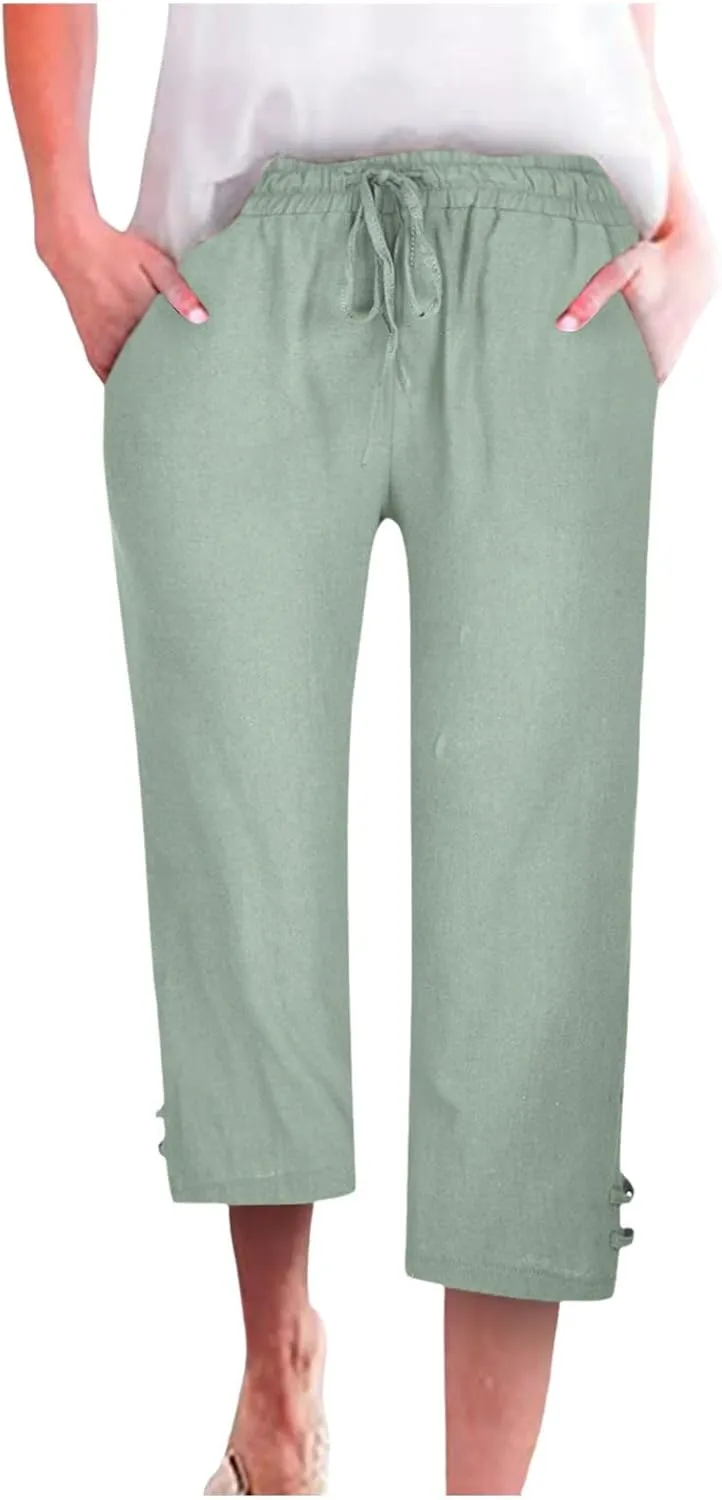 Capri Pants for Women Seven Eighth Length Casual Trousers Side Pockets Split Hem Lightweight Linen Blend