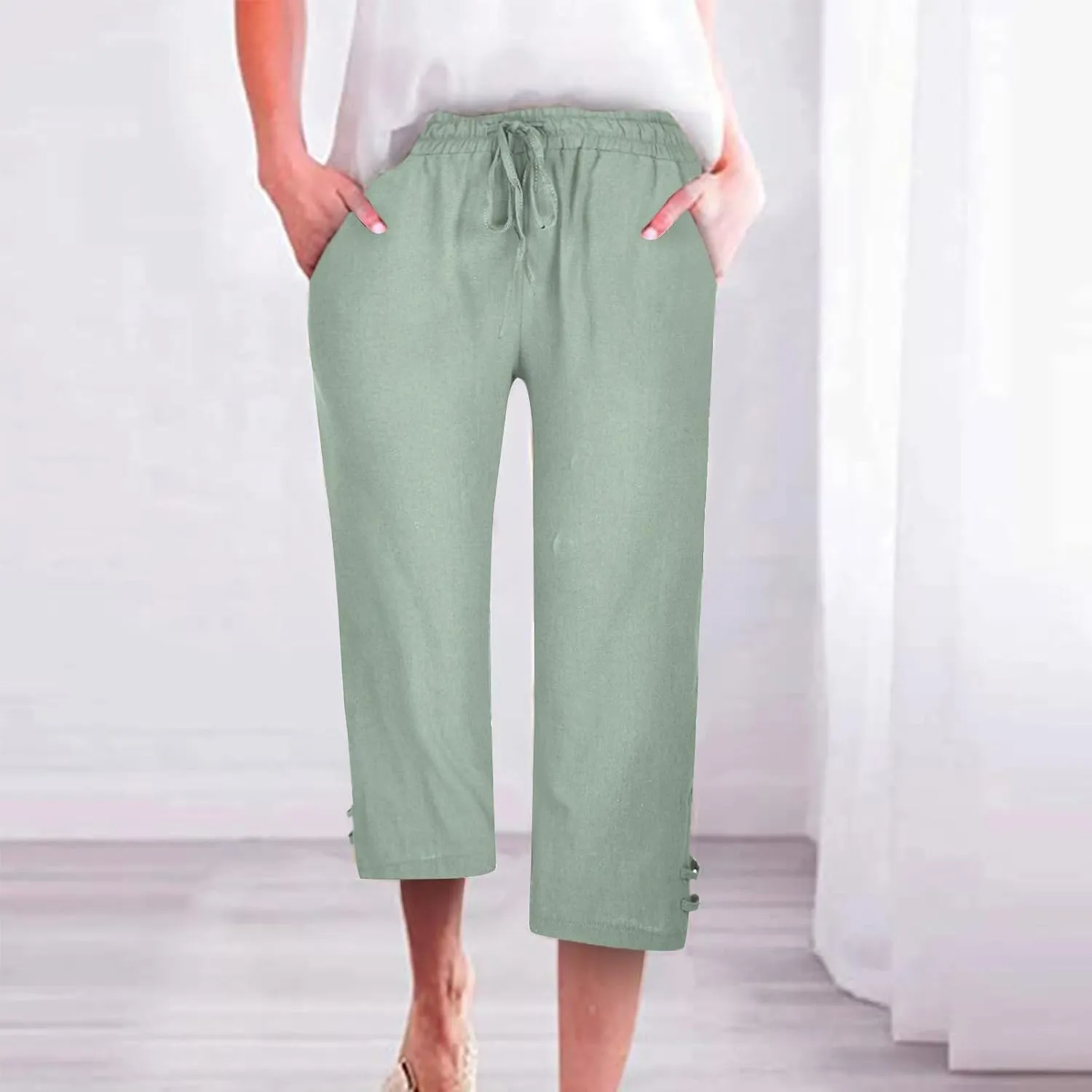 Capri Pants for Women Seven Eighth Length Casual Trousers Side Pockets Split Hem Lightweight Linen Blend