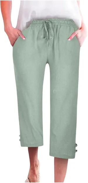 Capri Pants for Women Seven Eighth Length Casual Trousers Side Pockets Split Hem Lightweight Linen Blend