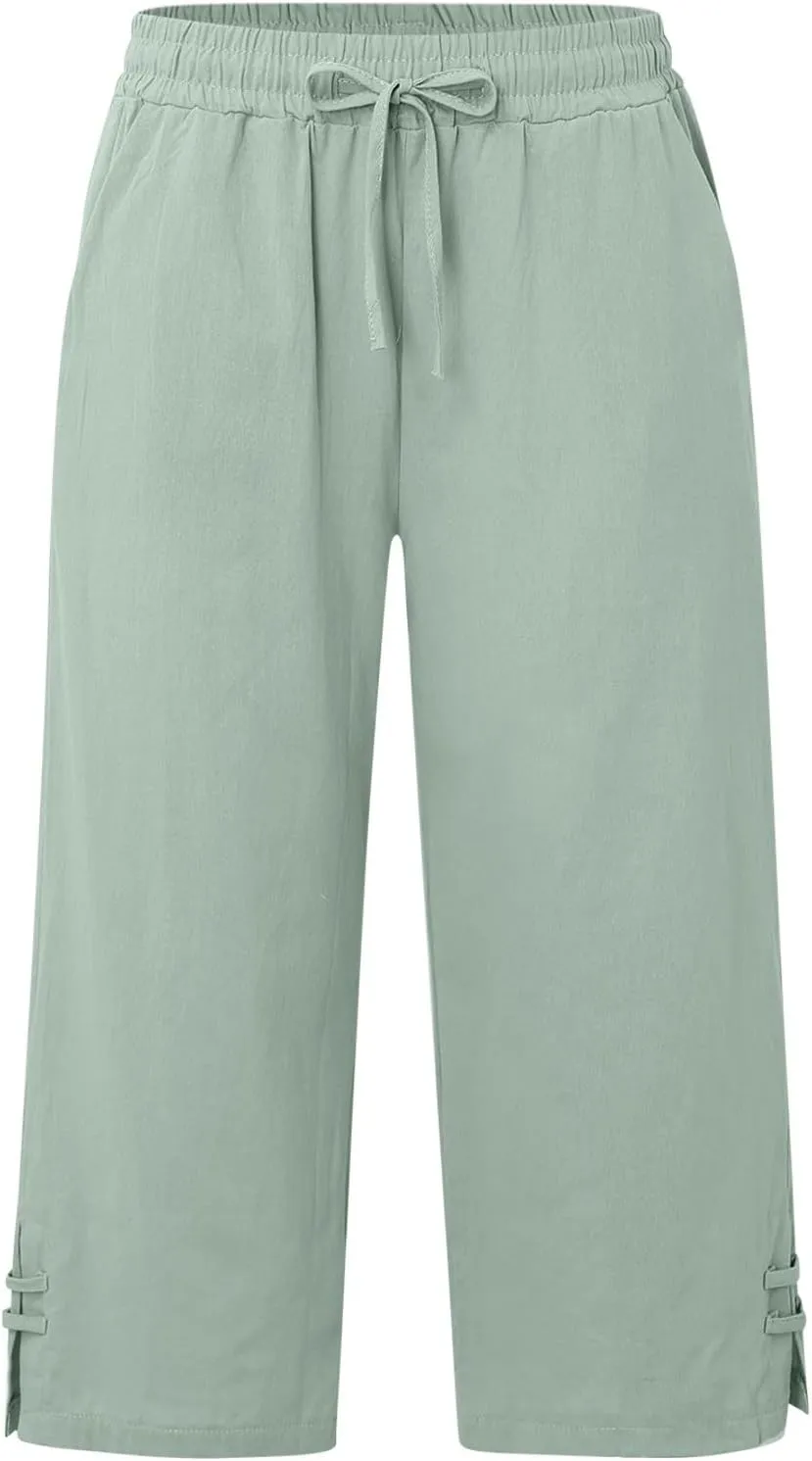 Capri Pants for Women Seven Eighth Length Casual Trousers Side Pockets Split Hem Lightweight Linen Blend
