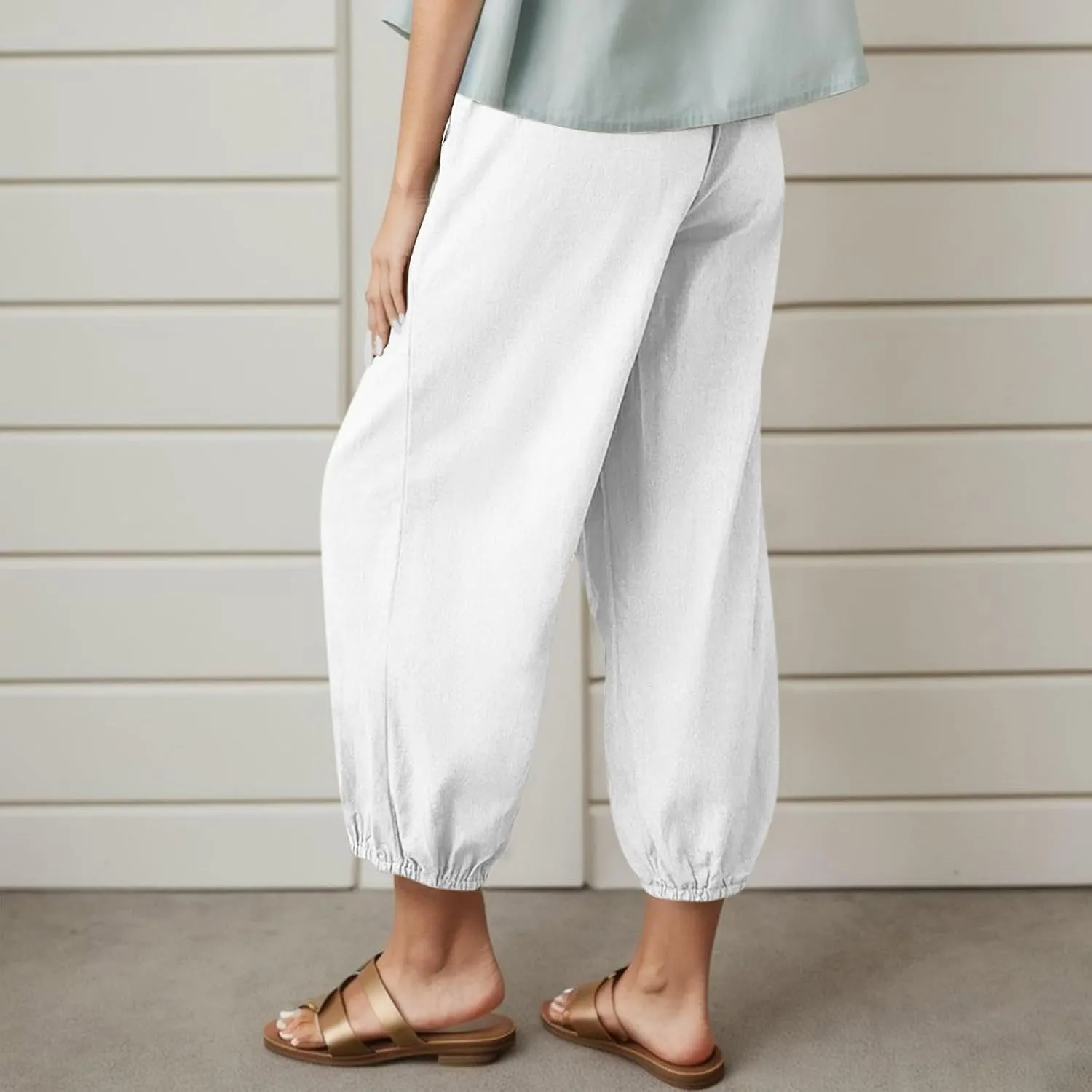 Casual Pants for Women High Waist Wide Leg Trousers Nine Tenths Length Lightweight Linen Blend Elastic Waist