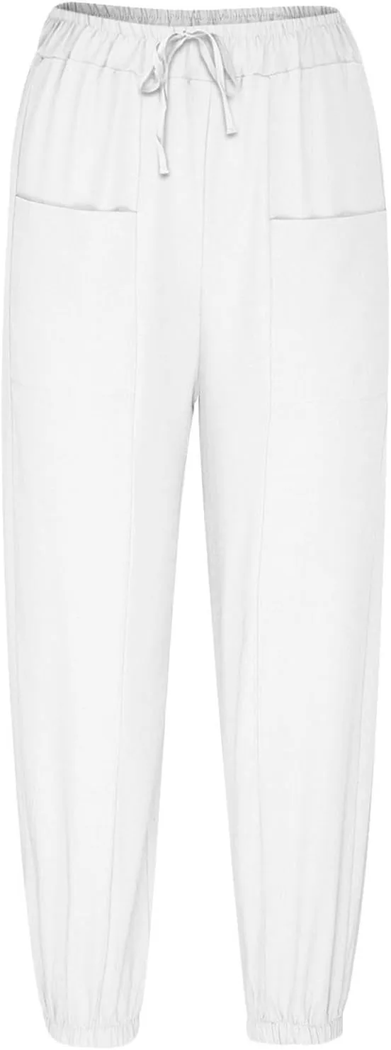 Casual Pants for Women High Waist Wide Leg Trousers Nine Tenths Length Lightweight Linen Blend Elastic Waist