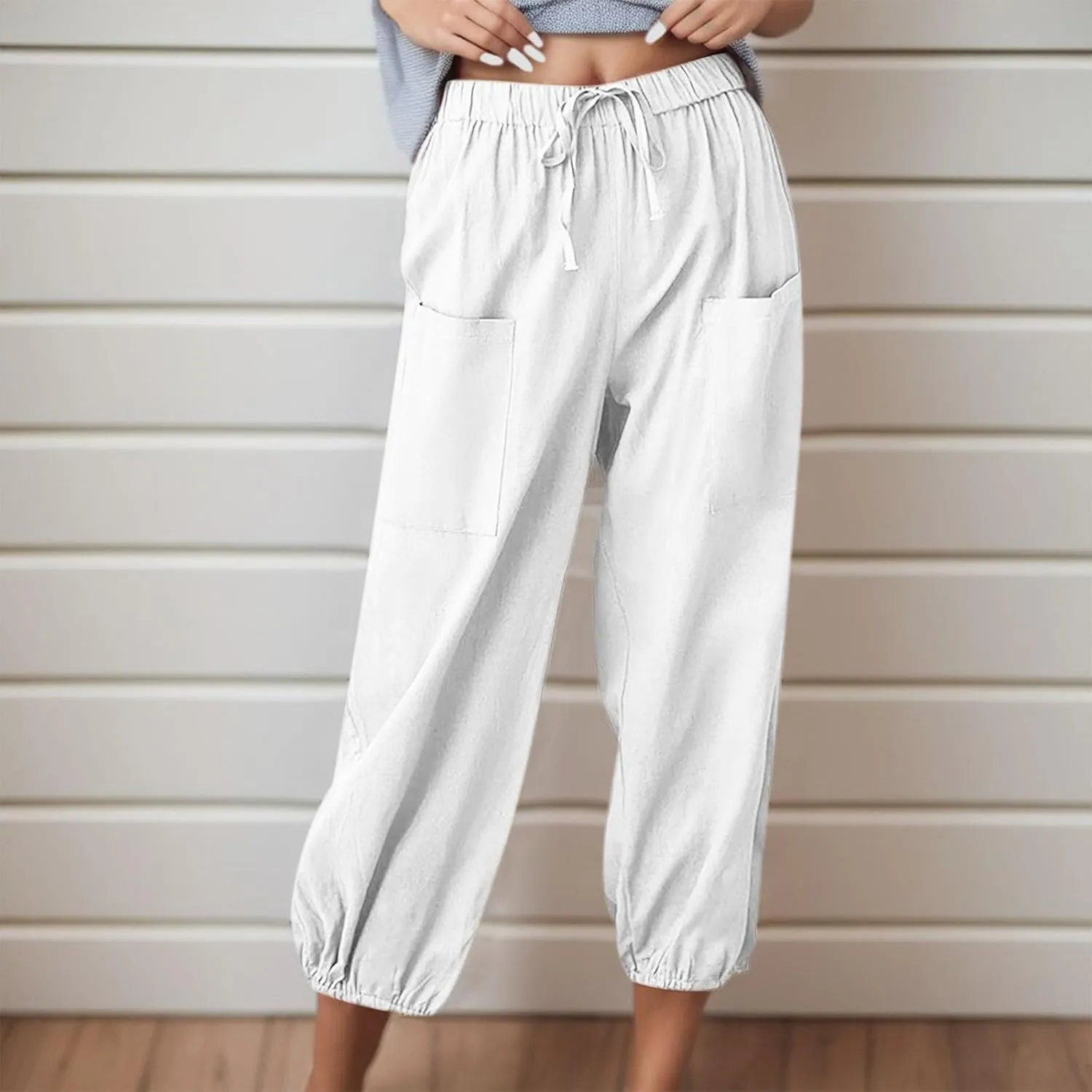 Casual Pants for Women High Waist Wide Leg Trousers Nine Tenths Length Lightweight Linen Blend Elastic Waist