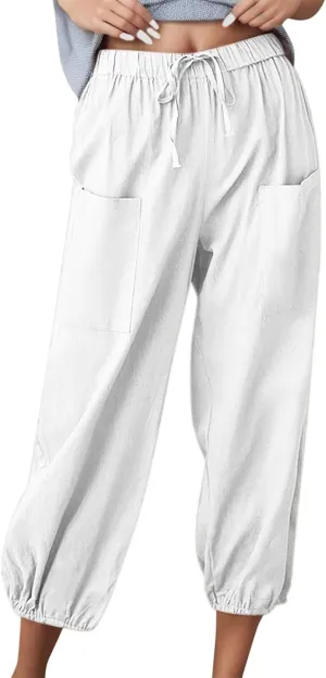 Casual Pants for Women High Waist Wide Leg Trousers Nine Tenths Length Lightweight Linen Blend Elastic Waist