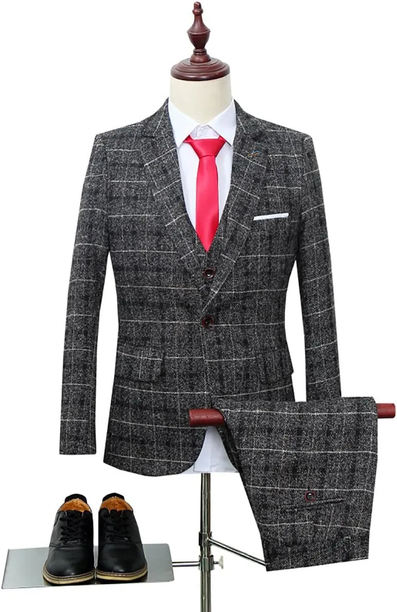 Cloudstyle Men's 3-Piece Dress Suit Plaid 1 Button Slim Fit Single-Breasted Wedding Blazer