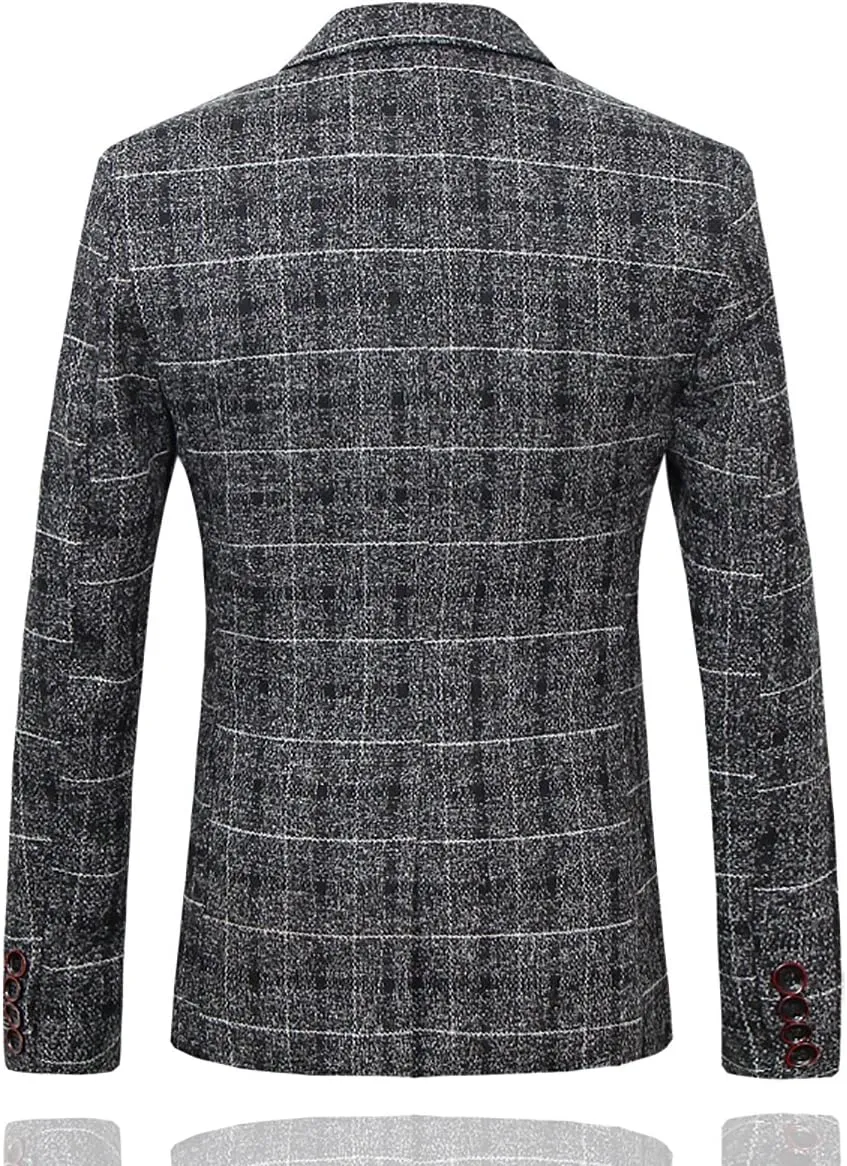 Cloudstyle Men's 3-Piece Dress Suit Plaid 1 Button Slim Fit Single-Breasted Wedding Blazer