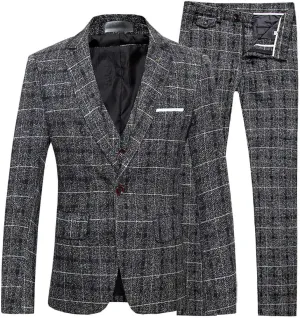 Cloudstyle Men's 3-Piece Dress Suit Plaid 1 Button Slim Fit Single-Breasted Wedding Blazer