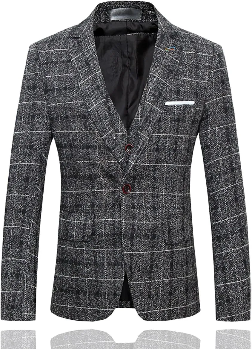 Cloudstyle Men's 3-Piece Dress Suit Plaid 1 Button Slim Fit Single-Breasted Wedding Blazer