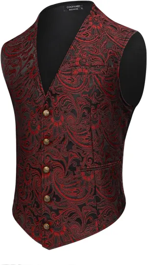 COOFANDY Men's Paisley Vests Victorian Steampunk Gothic Suit Vest Slim Fit V-Neck Tuxedo Waistcoat