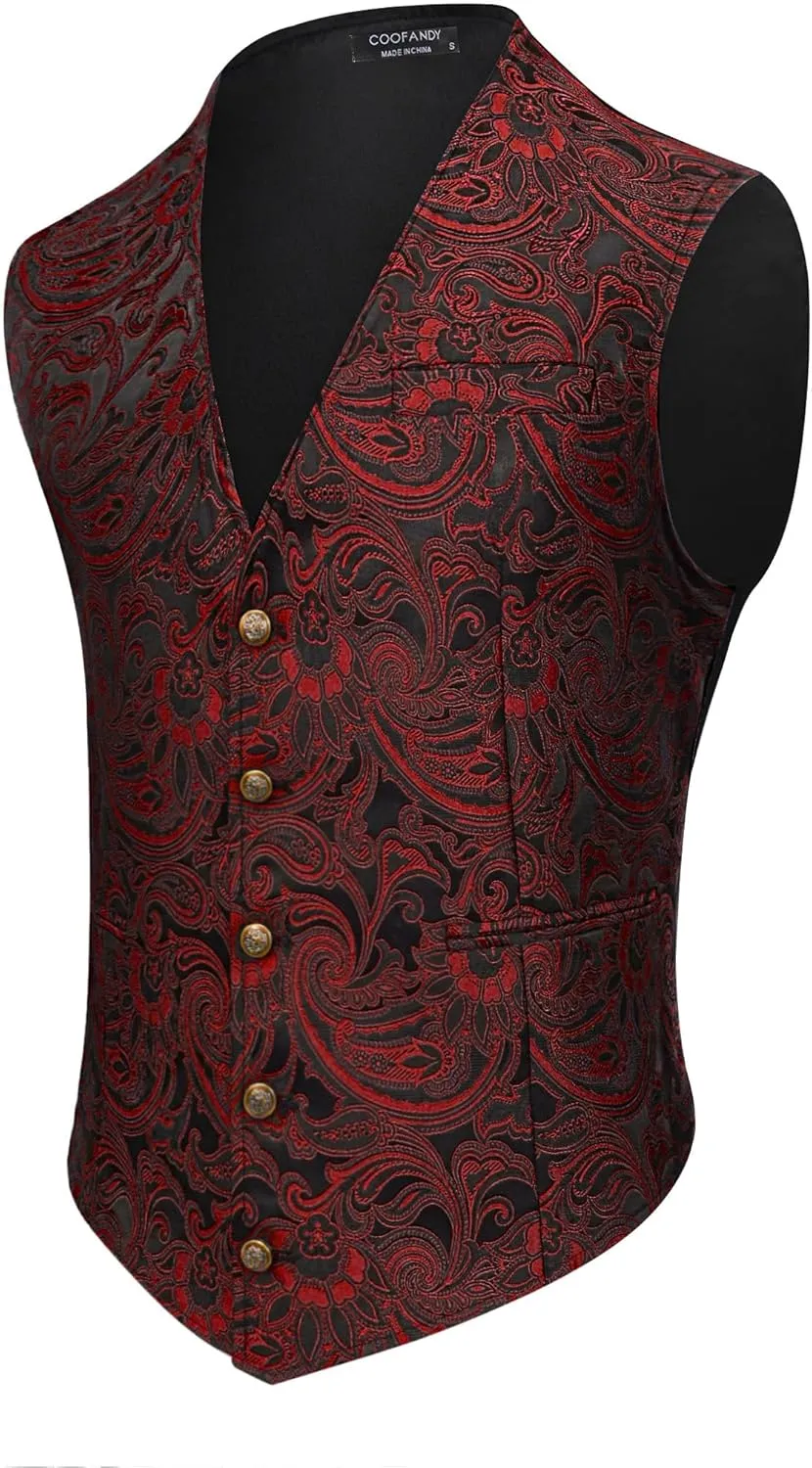 COOFANDY Men's Paisley Vests Victorian Steampunk Gothic Suit Vest Slim Fit V-Neck Tuxedo Waistcoat