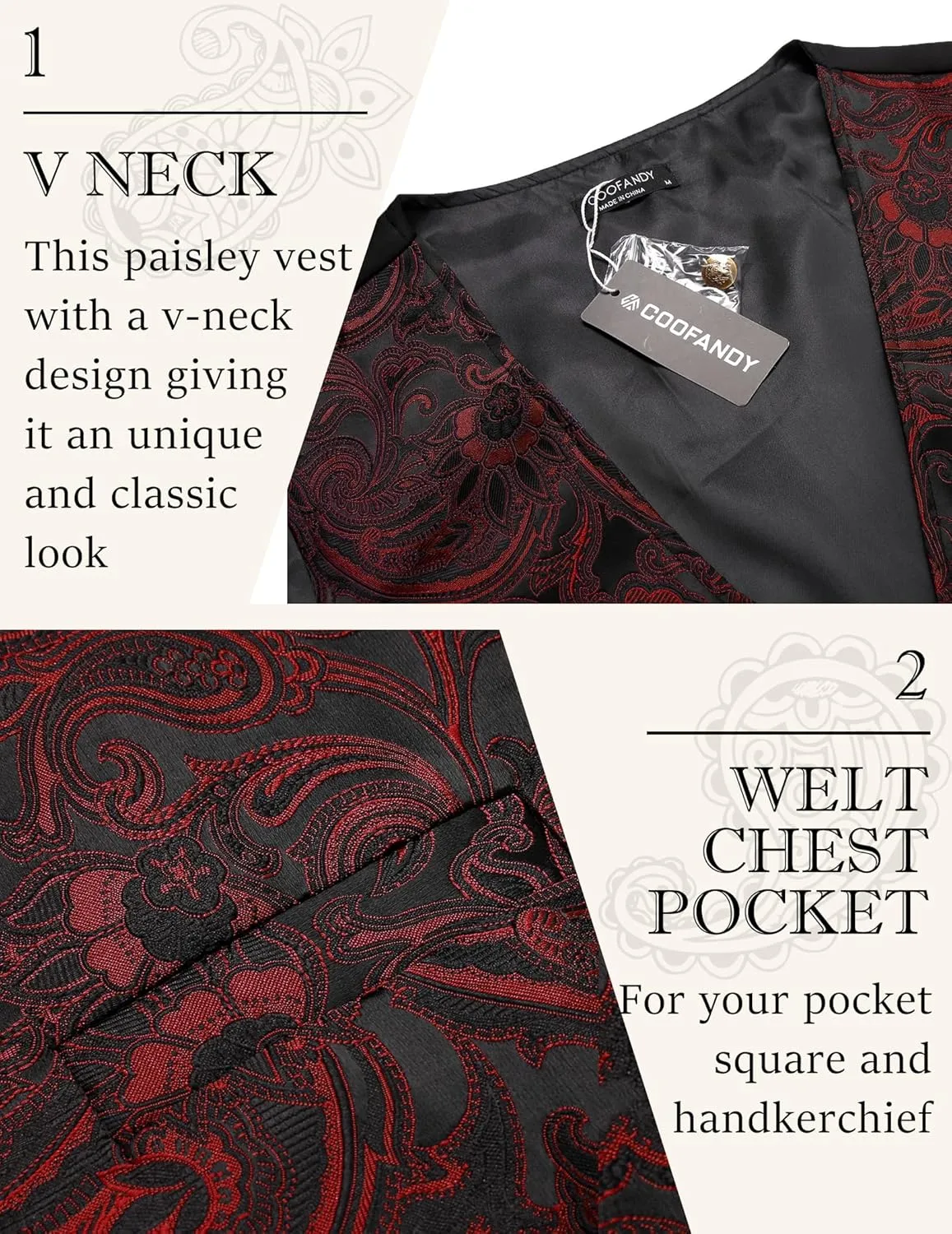 COOFANDY Men's Paisley Vests Victorian Steampunk Gothic Suit Vest Slim Fit V-Neck Tuxedo Waistcoat