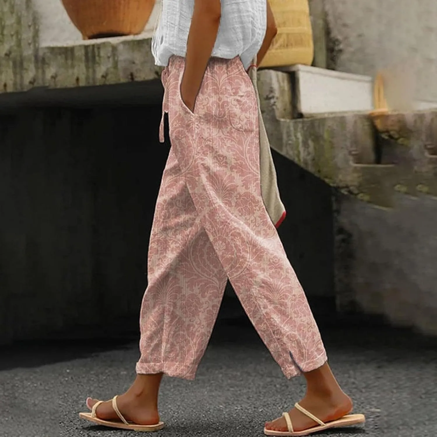 Cotton Linen Capri Pants for Women Cotton Elastic Waisted Drawstring High Waist Pants Wide Leg Cropped Trousers