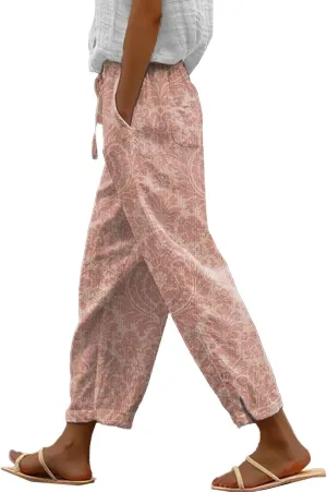 Cotton Linen Capri Pants for Women Cotton Elastic Waisted Drawstring High Waist Pants Wide Leg Cropped Trousers