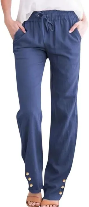 Cotton Linen Pants for Women 2025 Wide Leg Cropped Lounge Trousers Drawstring Elastic Waist Summer Beach Outfits