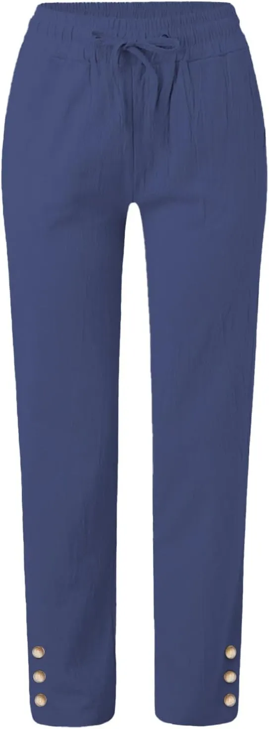 Cotton Linen Pants for Women 2025 Wide Leg Cropped Lounge Trousers Drawstring Elastic Waist Summer Beach Outfits