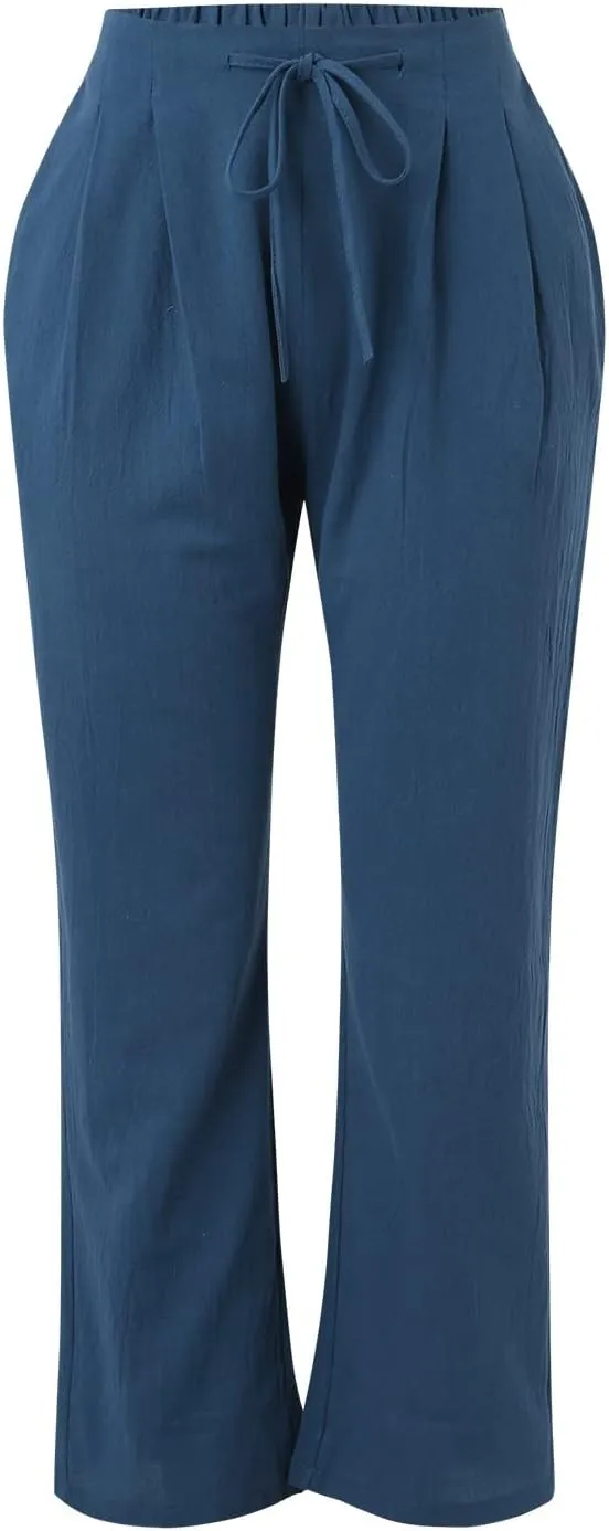 Cotton Linen Pants for Women Capri Plus Size Wide Leg Loose Fit Sweatpants Summer Cropped Elastic Waist Trousers