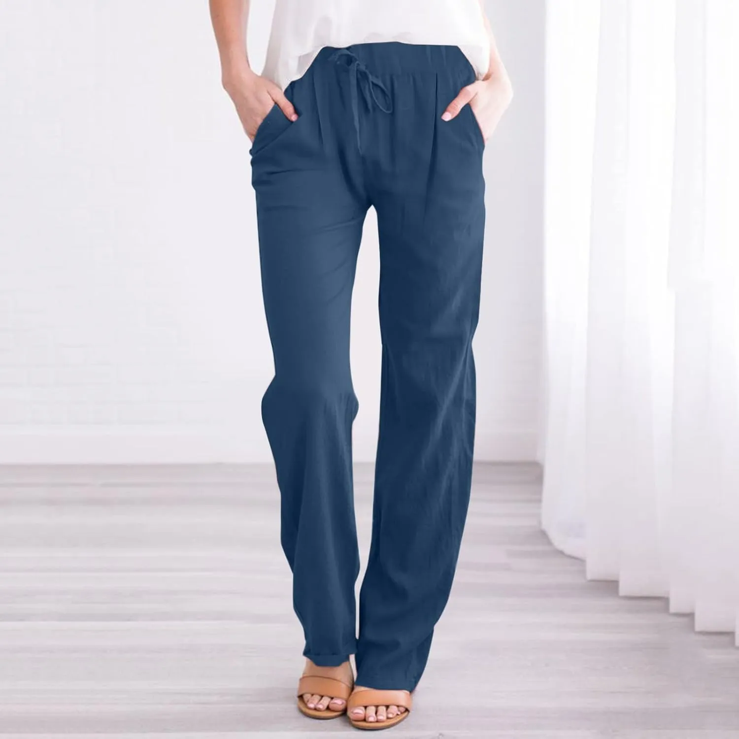 Cotton Linen Pants for Women Capri Plus Size Wide Leg Loose Fit Sweatpants Summer Cropped Elastic Waist Trousers