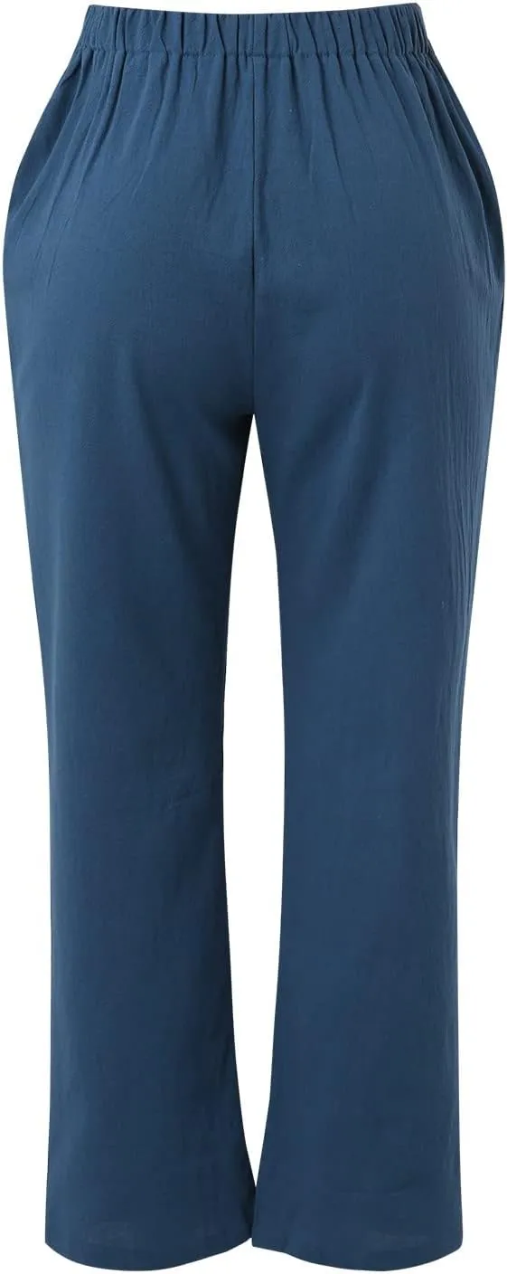Cotton Linen Pants for Women Capri Plus Size Wide Leg Loose Fit Sweatpants Summer Cropped Elastic Waist Trousers