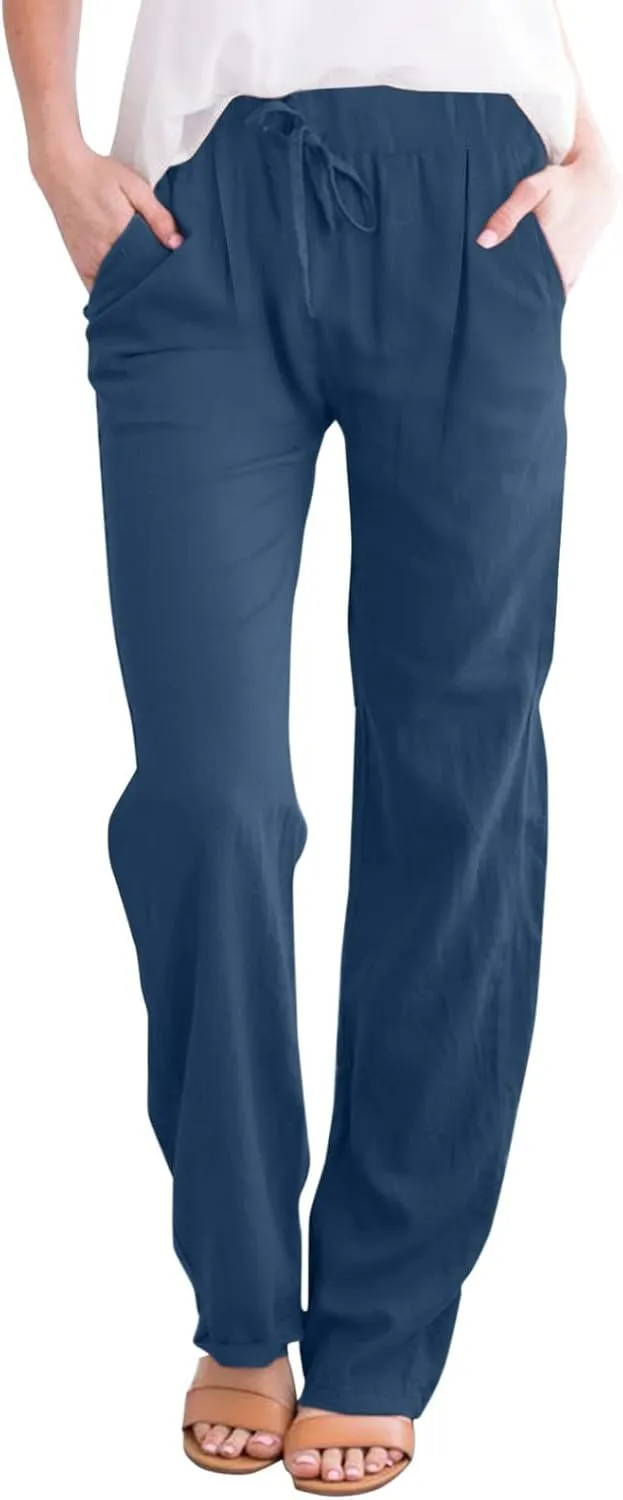 Cotton Linen Pants for Women Capri Plus Size Wide Leg Loose Fit Sweatpants Summer Cropped Elastic Waist Trousers
