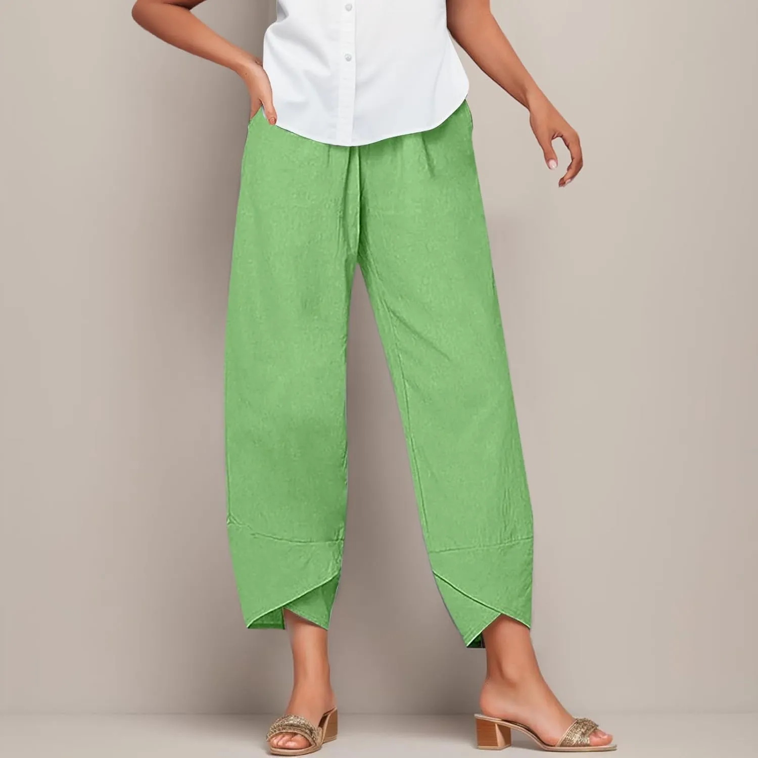 Cotton Linen Pants for Women Casual Capri Pant Plus Size Wide Leg Palazzo Summer Cropped Elastic Waist Trousers