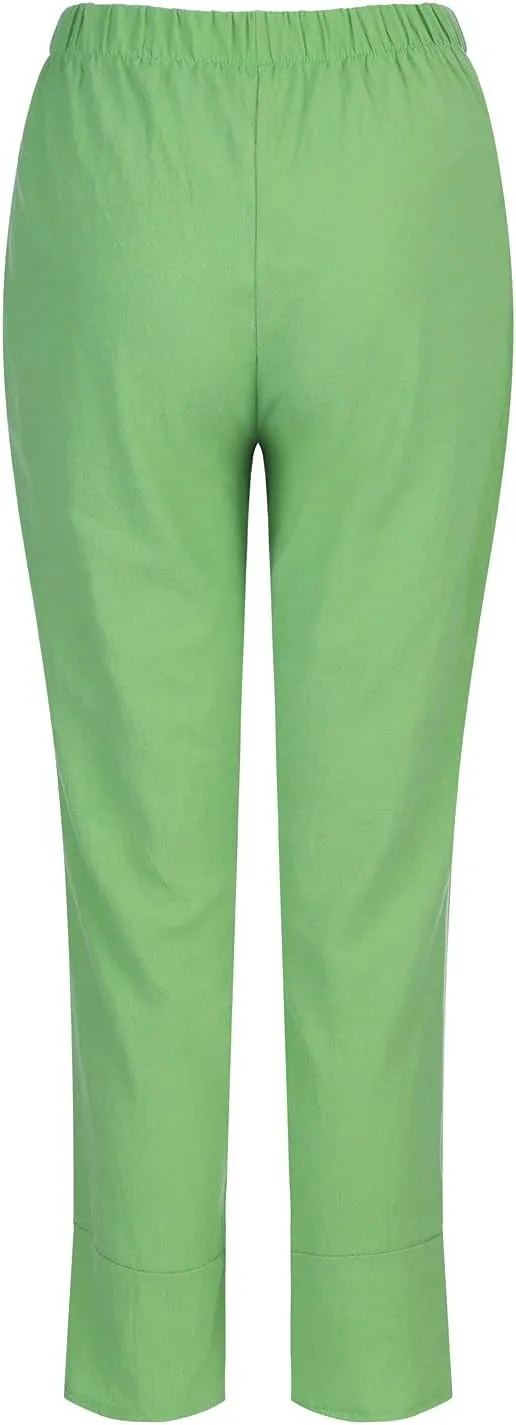 Cotton Linen Pants for Women Casual Capri Pant Plus Size Wide Leg Palazzo Summer Cropped Elastic Waist Trousers