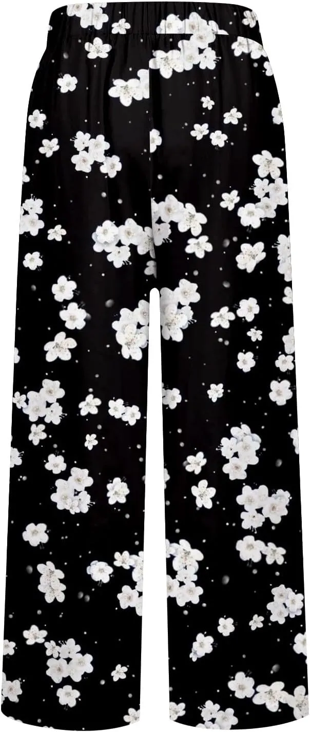 Cotton Linen Pants for Women Summer Retro Floral Cropped Elastic Waist Wide Leg Boho Beach Trouser with Pockets