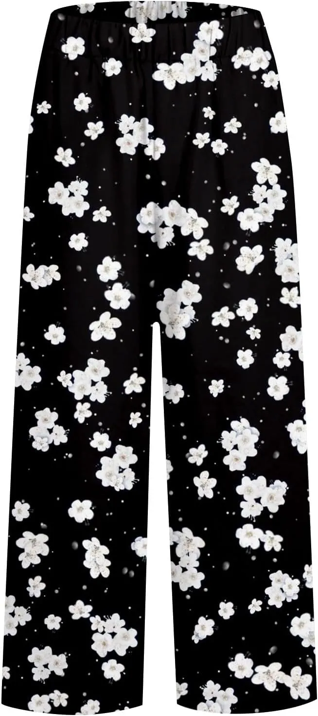 Cotton Linen Pants for Women Summer Retro Floral Cropped Elastic Waist Wide Leg Boho Beach Trouser with Pockets