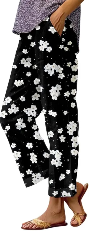 Cotton Linen Pants for Women Summer Retro Floral Cropped Elastic Waist Wide Leg Boho Beach Trouser with Pockets