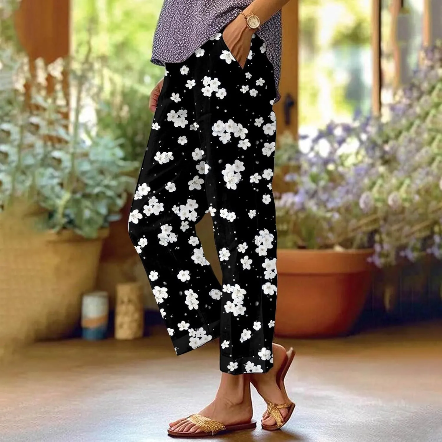 Cotton Linen Pants for Women Summer Retro Floral Cropped Elastic Waist Wide Leg Boho Beach Trouser with Pockets
